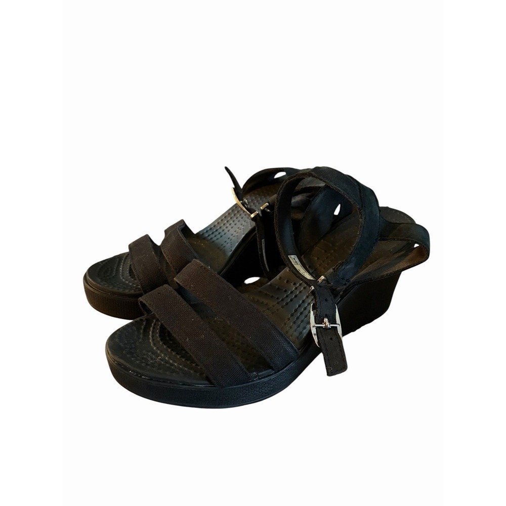 Crocs Leigh II Wedge Sandals Womens Size 6 Black Ankle Strap Buckle Comfort